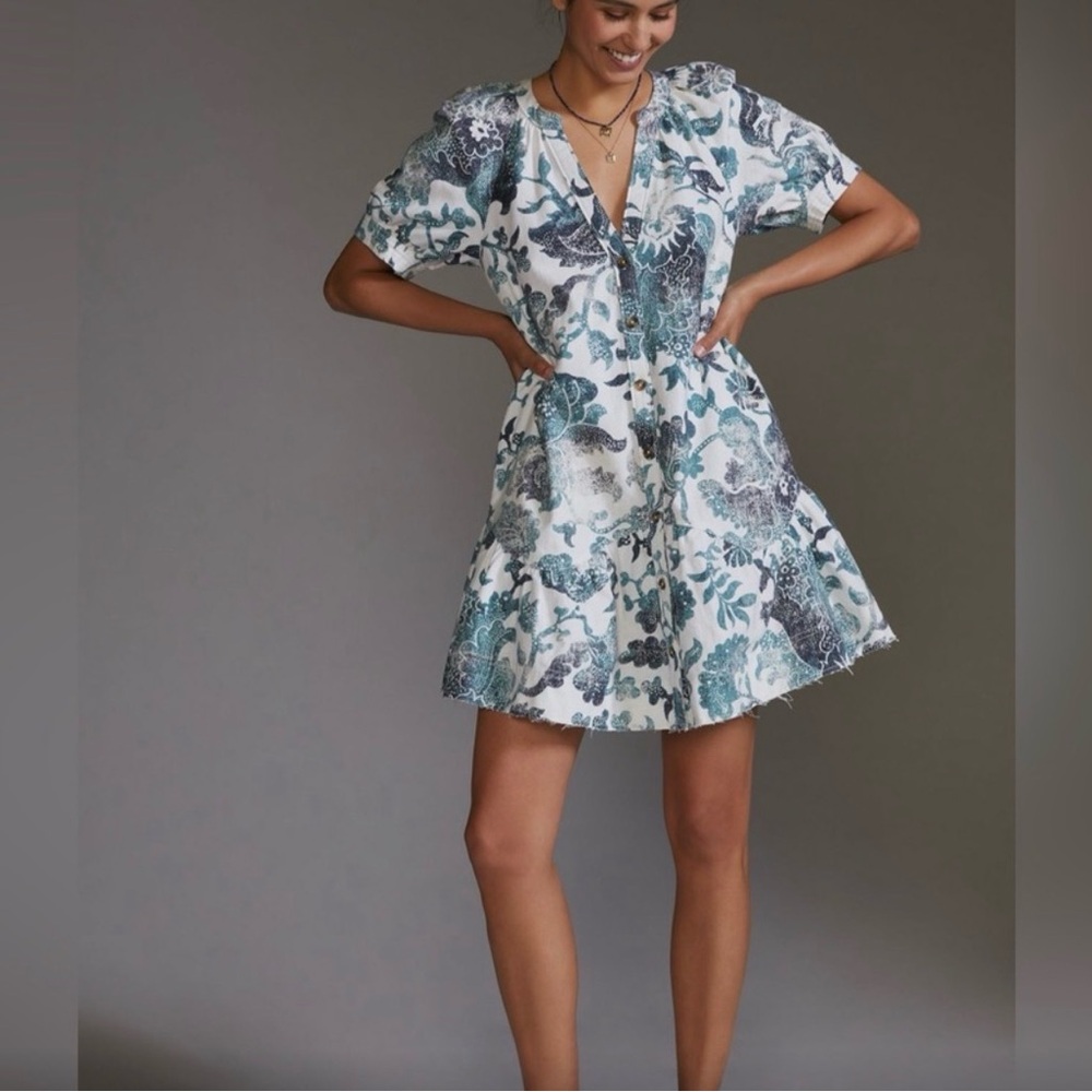 Pilcro Cream and Navy Printed Button-Front Top